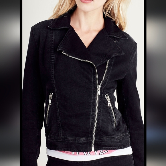 True Religion Moto Denim Jacket Asymmetrical Zip Up Black Wash Women's Medium - Picture 6 of 6